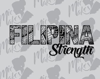 Könnte beinhalten: Ein grauer Hintergrund mit einem sich wiederholenden Muster einer Frauensilhouette und den Worten "Mic Makes". Das Wort "FILIPINA" steht in gemusterten Buchstaben über dem Wort "Strength" in Schreibschrift.