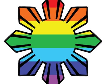 Könnte beinhalten: Ein achtzackiger Stern, auch Sonnenstern genannt, mit einem schwarzen Umriss und einem Regenbogenmuster.