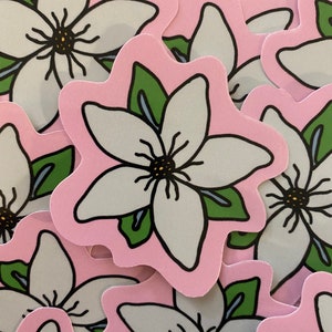 May include: A close-up of several pink stickers with white flowers and green leaves. The flowers have a black outline and a yellow center.
