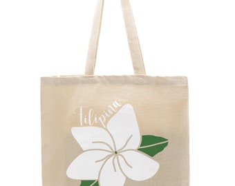 Sampaguita Flower Tote Bags, Filipino Tote Bags, Filipina, Shopping Bag, 14x15 Tote Bag, Natural/Black