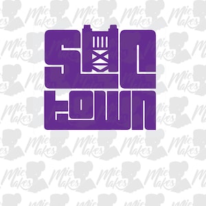 May include: Purple vinyl decal with the text "SLO TOWN" and a stylized image of a bridge.