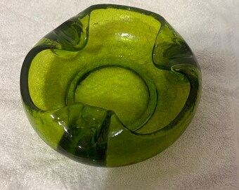 Vintage 60’s MCM Viking Crackle Glass Green Ashtray