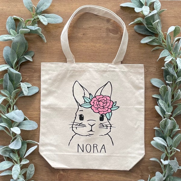 Personalized Bunny Tote, Custom Kids Easter Egg Hunt Bag, Canvas Tote Bag for Kids, Gender Neutral Bag, Easter Gift for Girls and Boys