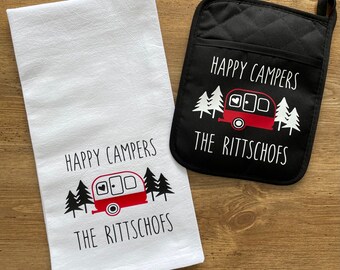 Camper Towel and Potholder, Camping Kitchen Towels, Camper Decor, Camping Gift for Women, Birthday Gift for Friend, Outdoor Lovers Gift