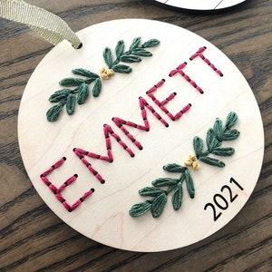 DIY Embroidery Christmas Tree Ornament | Custom Name Ornament| Christmas Tree | Holiday Ornament | Circle Wood Ornament |2021 Tree Ornament