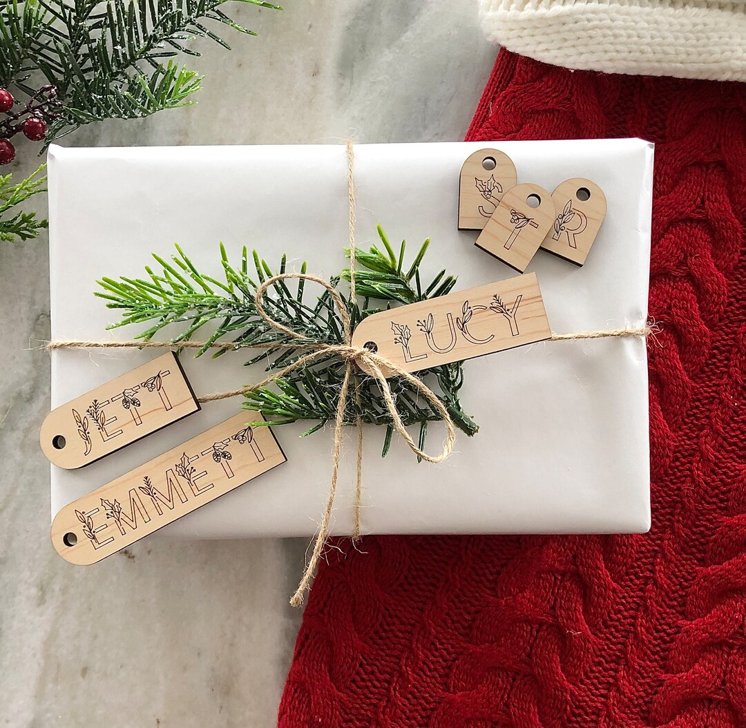 Custom Gift Tags Wood Gift Tags Initial Name Christmas Sprig Custom Wood Gift Tag Christmas