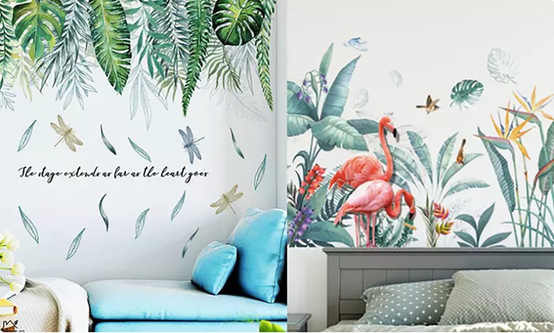 60cm X 90cm Leaves Flamingo Tropical Rainforest Wall Decal Kids Watercolour Decal Wall Stickers