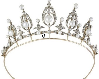 Victorian Rose Cut Diamond and Pearl Tiaras, 5.52ct Diamond,  Silver Purity 92.5 ,Handmade Pearl Tiaras/Crown