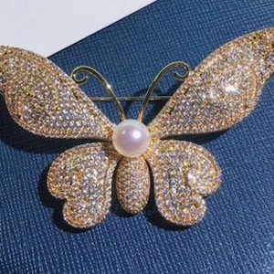 Butterfly brooch /Victorian look Butterfly Zircon,Pearl  and Silver Brooch, Silver Purity 92.5,Handmade butterfly Brooch