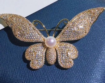 Butterfly brooch /Victorian look Butterfly Zircon,Pearl  and Silver Brooch, Silver Purity 92.5,Handmade butterfly Brooch