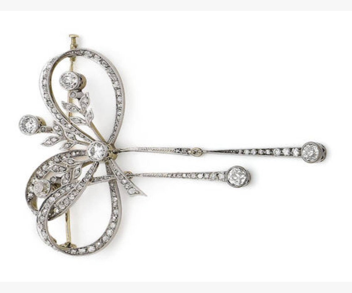 Victorian Rose Cut Diamond Bow Silver Brooch, Silver Purity 92.5