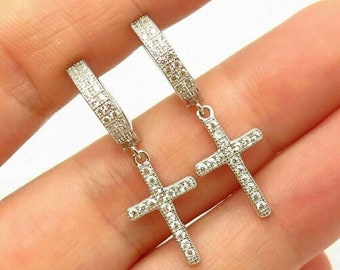 American Diamonds Earrings, Zircon earrings Silver Purity 92.5,  Handmade Cross Earrings