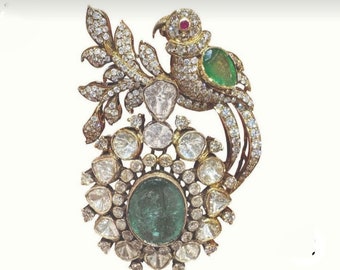 Beautiful American diamond (Zircon) and peridot ,Emerald  bird Silver Brooch, Silver Purity 92.5,Handmade Brooch/ Bird brooch