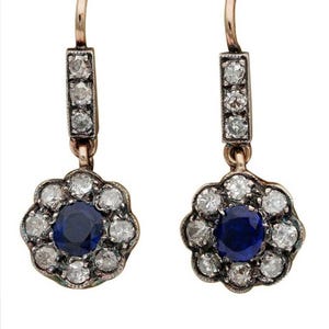 Dramatic Rosecut  Diamond And Blue sapphire Earrings,  1.75ct Diamond, Silver Purity 92.5,  Handmade teardrop Earrings