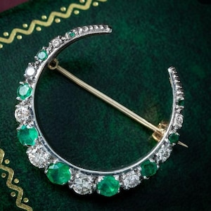 Crescent Emerald and zircon moon brooch, Zircon Silver Purity 92.5,  Handmade Brooch