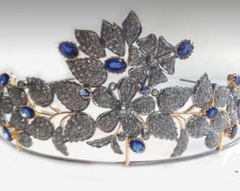 Historic look American Diamond  Tiaras, 15.25ct Diamond, Silver Purity 92.5 ,Handmade Tiaras/Crown Blue sapphire  Zircon Tiaras/Crown