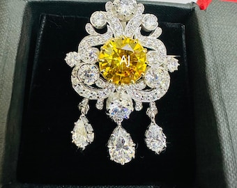 Beautiful American diamond (Zircon) and yellow Topaz Silver Brooch, Silver Purity 92.5,Handmade Brooch/ Stylish brooch cun pendant
