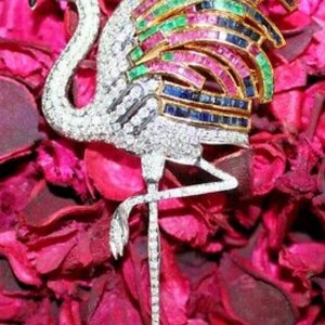 Flamingo brooch /Victorian Flamingo Ruby and Emerald,blue sapphire Silver Brooch, Silver Purity 92.5,Handmade Brooch