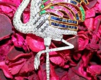 Flamingo brooch /Victorian Flamingo Ruby and Emerald,blue sapphire Silver Brooch, Silver Purity 92.5,Handmade Brooch