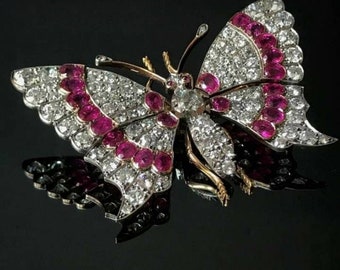 Zirkon Schmetterling Brosche /Butterfly American Diamanten und Rubin Silber Brosche, Silber Reinheit 92,5, handgemachte Rubin Schmetterling Brosche