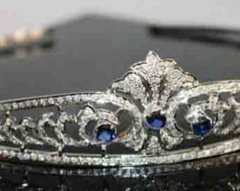 Historic look American Diamond  Tiaras, 15.25ct Diamond, Silver Purity 92.5 ,Handmade Tiaras/Crown Blue sapphire  Zircon Tiaras/Crown