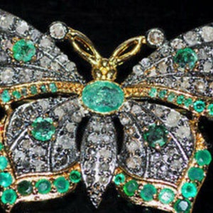 Butterfly brooch /Victorian Butterfly Rosecut Diamond and Emerald Silver Brooch, Silver Purity 92.5,Handmade Emerald Brooch