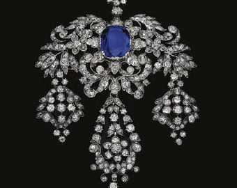Victorian Rose Cut Diamond Brooch Pendant, Sapphire Sterling Silver