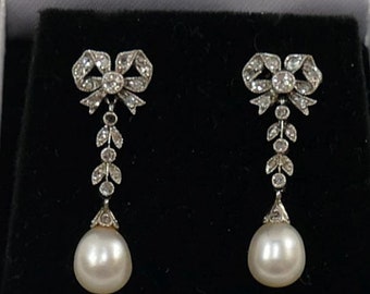 Victorian Rose cut  Diamond and Pearl bow Earrings,  2.05ct Diamond, Silver Purity 92.5,  Handmade bow style  Pearl Earrings