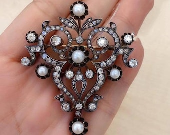 Viktoriansk rosenskuren diamantpärlbrosch, handgjort hänge i sterlingsilver