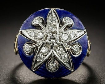 Victorian Style Designer Blue Enamel Ring With Gold Plated Rose Cut Diamond Star  Ring, Silver Purity 92.5 ,Handmade  Blue Enamel Ring