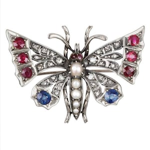 Butterfly brooch /Victorian Butterfly Rose cut Diamond and Ruby Peral and Blue sapphire Silver Brooch,Handmade Brooch