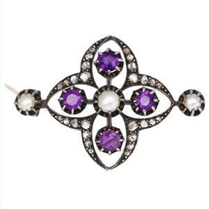 Victorian Rose cut Diamond Amethyst and  Pearl Silver Brooch, Silver Purity 92.5,Handmade Amethyst Brooch