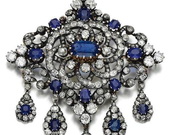 Handmade Rose Cut Diamond & Sapphire Brooch Pendant, Sterling Silver