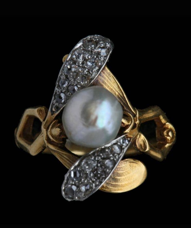 Victorian Style Designer Ring With Gold Plated Rose Cut Diamond and Pearl Ring Silver Purity 92.5 Handmade Pearl Ring