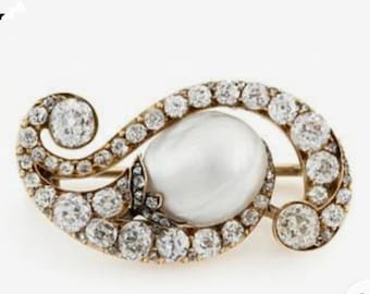 Vacker amerikansk diamant (zirkon) och pärlbrosch i silver, silverrenhet 92.5, handgjord pärlbrosch i zirkon/snygg brosch