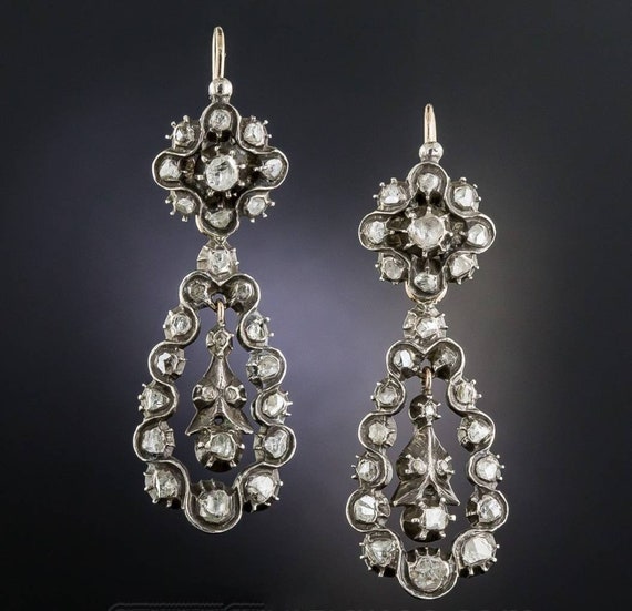 Victorian Rose Cut Diamond Earrings 18K Yellow Gold/ Sterling Silver