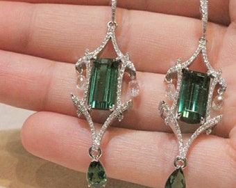 American Diamonds and Emerald Earrings, Zircon earrings Silver Purity 92.5,  Handmade Zircon and Emerald  Earrings