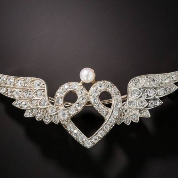 Victorian Wings Heart Rosecut Diamond Silver Pearl Brooch, Silver Purity 92.5,Handmade Brooch