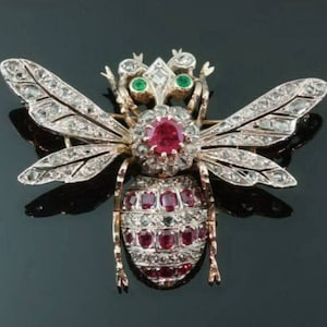 Victorian Rose cut Diamond fly 2.64ct Diamond, Emerald/Ruby, Silver Purity 92.5,Handmade Brooch