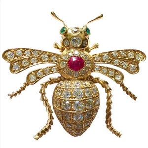 Bee brooch /Victorian Bee Rosecut Diamond Emerald  and Ruby Silver Brooch, Silver Purity 92.5,Handmade Bee Brooch