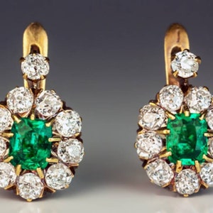 Victoriaanse roosgeslepen diamanten smaragdoorbellen, 2,85 kt diamant, zuiverheid zilver 92,5, handgemaakte smaragdoorbellen