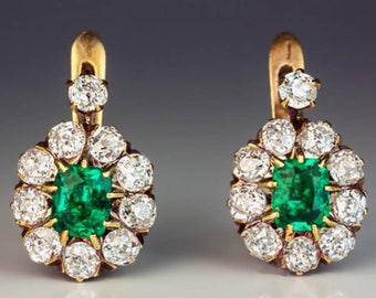 Victorian Rose cut  Diamond Emerald Earrings,  2.85ct Diamond, Silver Purity 92.5,  Handmade emerald Earrings