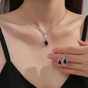 American Diamond and Blue sapphire Necklace set with earrings/ Handmade Zircon Necklace /Wedding necklace set with earrings