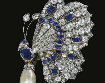 Butterfly brooch /Victorian Butterfly Zircon,Pearl Blue sapphire and Silver Brooch, Silver Purity 92.5,Handmade butterfly Brooch