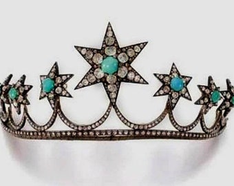 Victorian Rose Cut Diamond and Turquoise Star Tiaras, 12.02ct Diamond,  Silver Purity 92.5 ,Handmade Turquoise Tiaras/ Wedding Tiaras/Crown