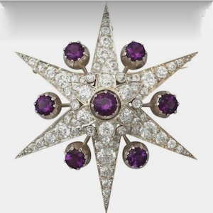 Star Zircon and Amethyst  Silver Brooch, Silver Purity 92.5,Handmade Brooch/ Zircon star brooch