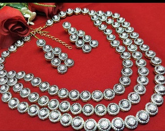 Rosecut / Uncut Polki Diamond Necklace set with earing Silver 92.5 Handmade Necklace With Matching Earring