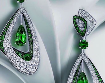 American Diamonds and Emerald Earrings, Zircon earrings Silver Purity 92.5,  Handmade Zircon and Emerald  Earrings