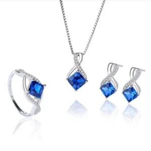 American Diamond and Blue sapphire Necklace set with earrings and Ring/ Handmade Zircon Necklace /Wedding necklace set with earrings Ring