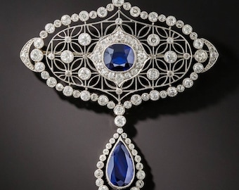 Victorian Rose cut Diamond 3.24ct Diamond And Blue Sapphire , Silver Purity 92.5,Handmade Brooch/Pendent